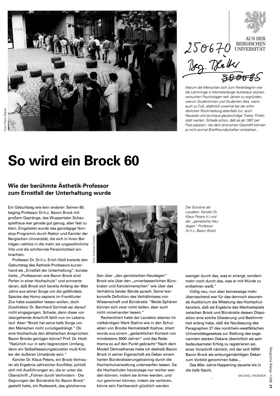 "Bergische Blätter" 17/1996, Bild: zum 60. Geburtstag von Bazon brock, 02.06.1996.